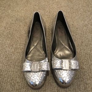 Salvatore Ferragamo cracked silver ballerinas